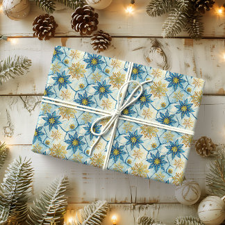 Papel De Presente Elegância Congelada Floco de Neve Azul e Dourado