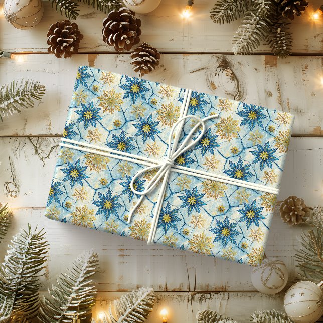 Papel De Presente Elegância Congelada Floco de Neve Azul e Dourado (Criador carregado)