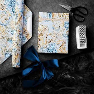 Papel De Presente Elegância Costeira   Moderno Azul e Dourado Sob o 