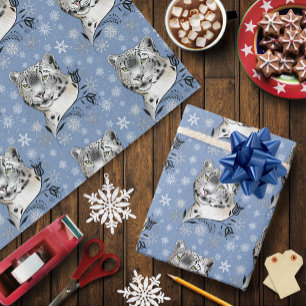 Papel De Presente Elegância de Inverno do Leopardo da Neve Flocos de