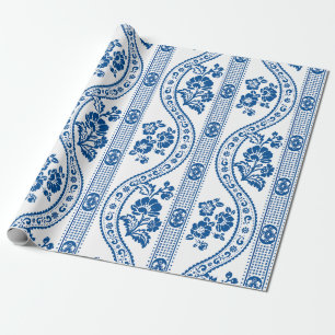 Papel De Presente Elegância de Listra Floral Azul