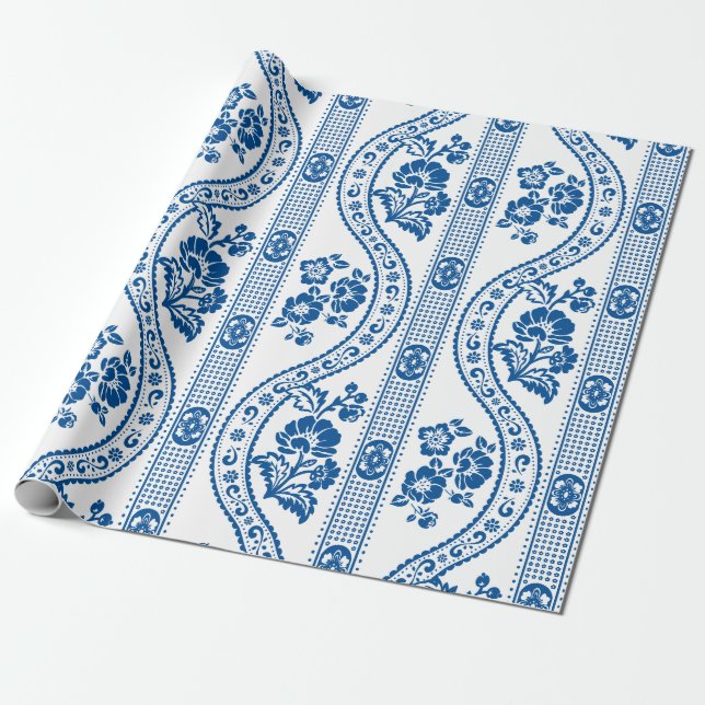 Papel De Presente Elegância de Listra Floral Azul (Desenrolado)