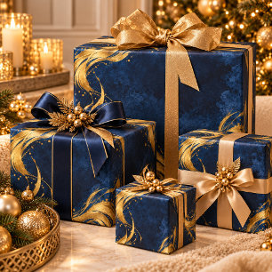Papel De Presente Elegância Dourada à Meia-Noite Azul Naval & Dourad