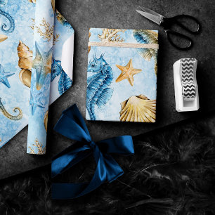 Papel De Presente Elegância Litorânea   Moderno Azul e Dourado Sob o