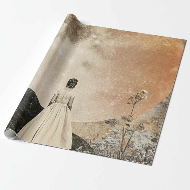 Papel De Presente Elegância Lua - Visão Traseira da Mulher com Lua 2 (Desenrolado)