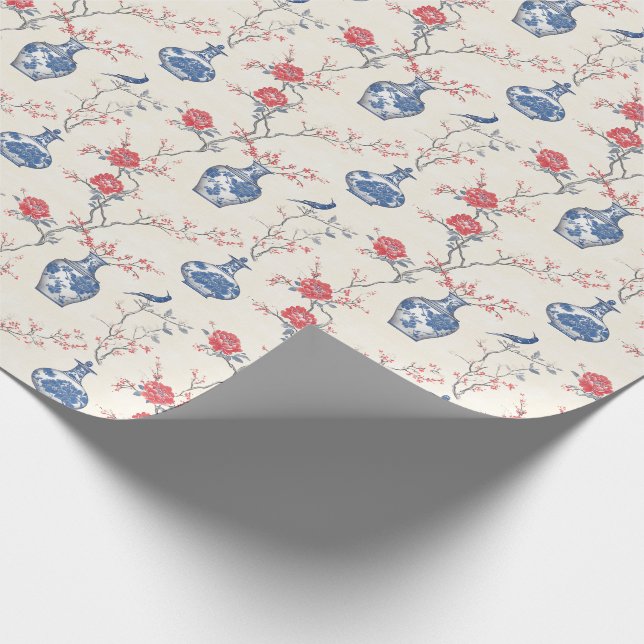 Papel De Presente Elegância Oriental: Porcelana Azul e Blossomas (Ponta)