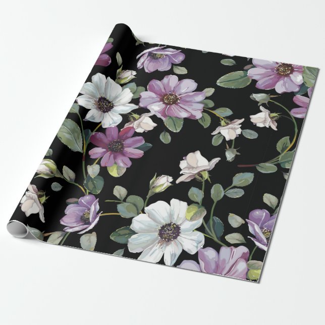 Papel De Presente Elegância padrão contínuo com flores cosmos (Desenrolado)