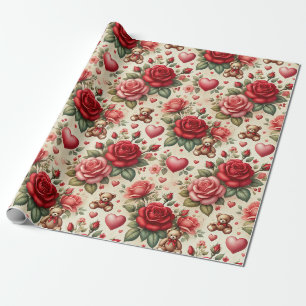 Papel De Presente Elegância Romântica: Rosas e Corações