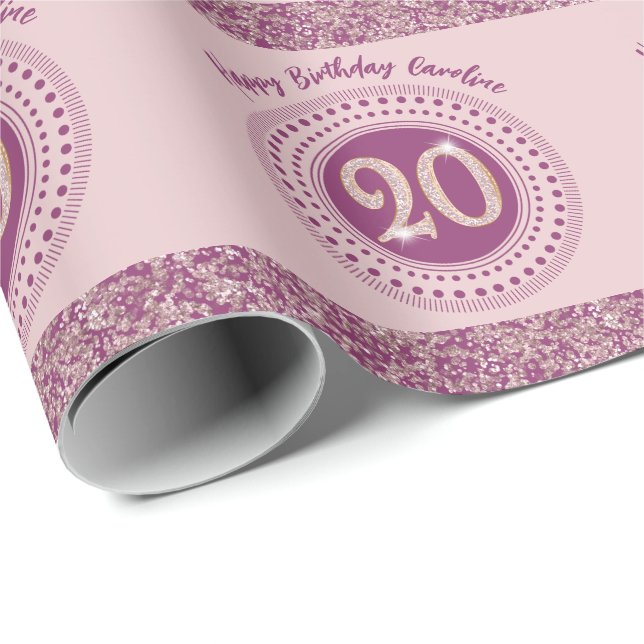 Papel De Presente Elegant 20th Birthday Rose Gold Glitter & Stripes (Ponta do rolo)