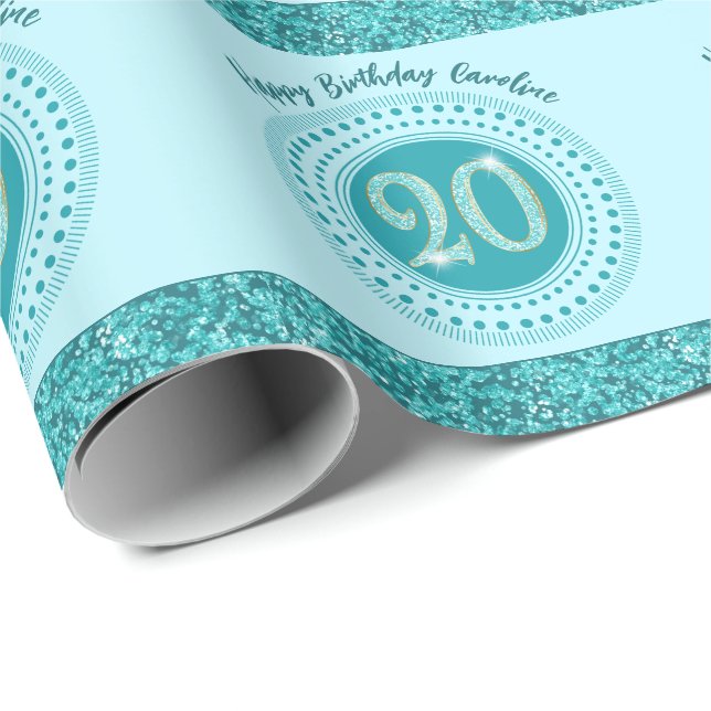 Papel De Presente Elegant 20th Birthday Teal Blue Glitter & Stripes (Ponta do rolo)
