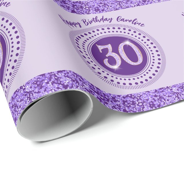 Papel De Presente Elegant 30th Birthday Purple Glitter with Stripes (Ponta do rolo)