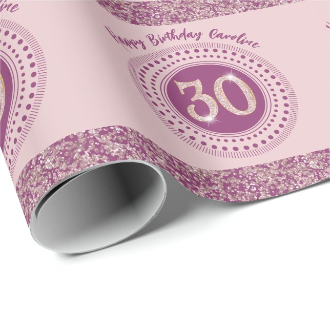 Papel De Presente Elegant 30th Birthday Rose Gold Glitter & Stripes (Ponta do rolo)