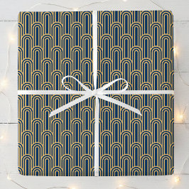 Papel De Presente Elegant Art Deco Pattern Arches Navy Gold Chic