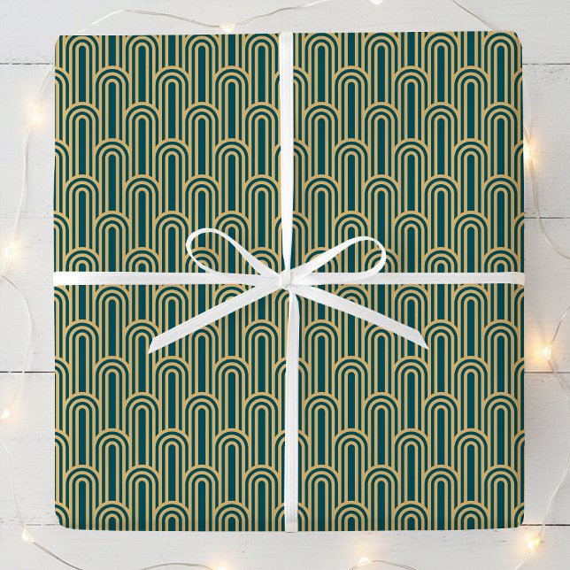 Papel De Presente Elegant Art Deco Pattern Arches Teal Gold Chic (Criador carregado)