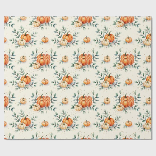 Papel De Presente  Elegant Autumn Pumpkin and Eucalyptus Watercolor (Aberto)