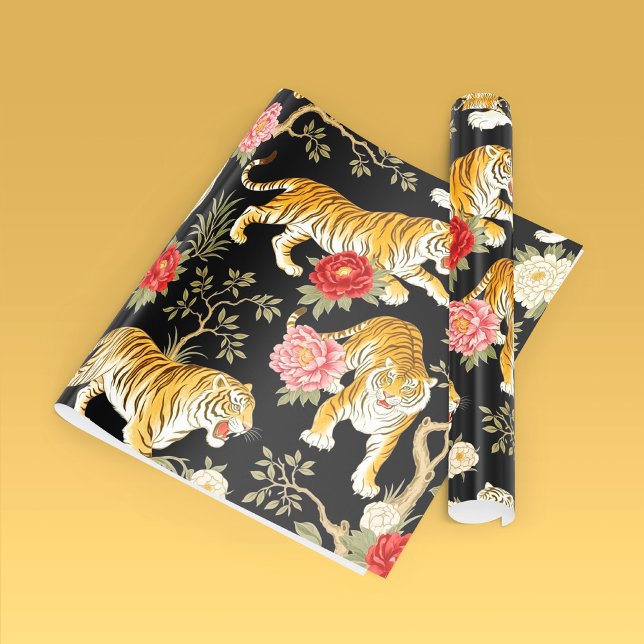 Papel De Presente Elegant Black Chinoiserie Tiger and Peony Pattern (Criador carregado)