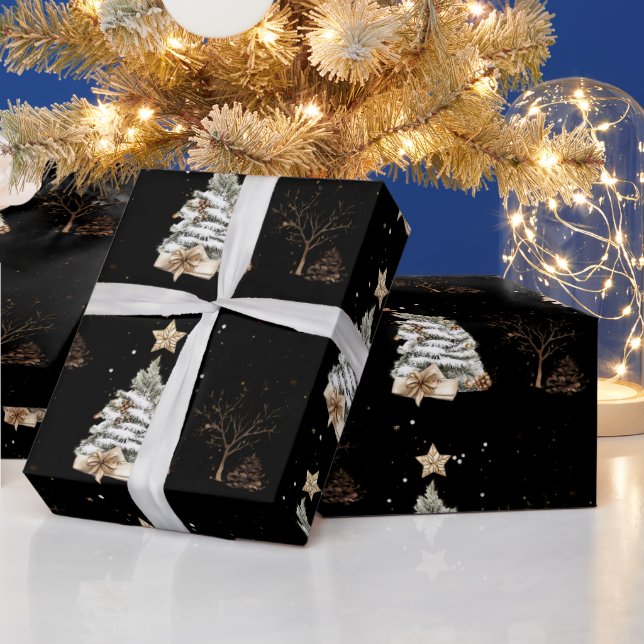 Papel De Presente Elegant Black New Year Frosted Tree pine (Feriados)