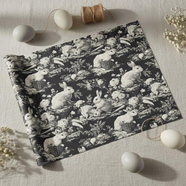 Papel De Presente Elegant Black Toile Bunny Easter  (Criador carregado)