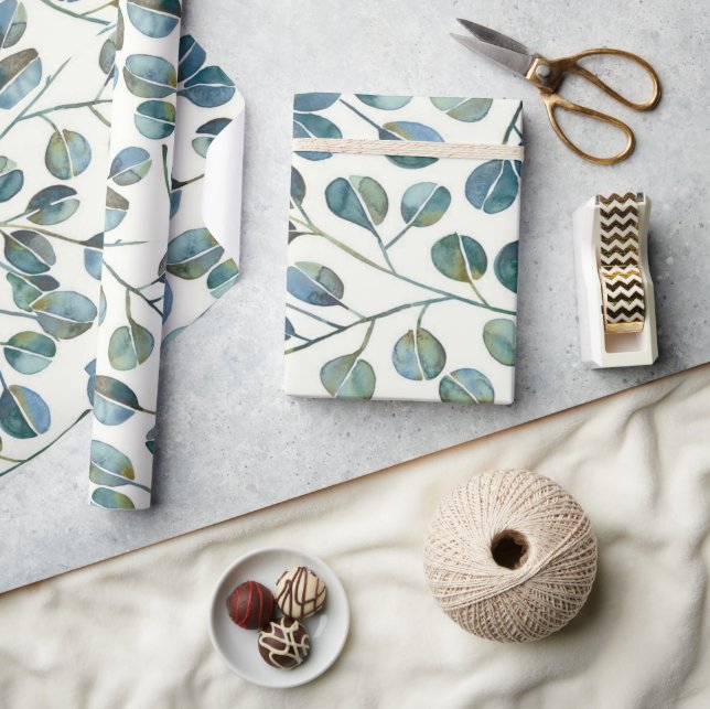 Papel De Presente Elegant Blue Eucalyptus Watercolor (Artesanato)