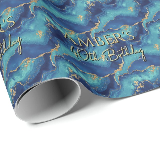 Papel De Presente Elegant Blue Gold Abstract Marble Design (Ponta do rolo)