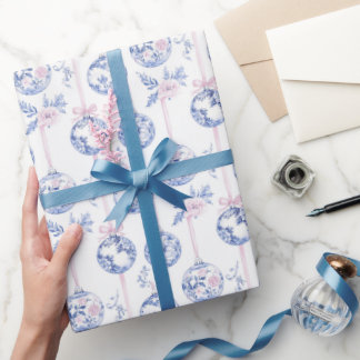 Papel De Presente Elegant Blue & Pink Toile Christmas Ornaments Wrap