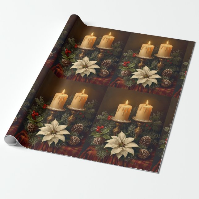 Papel De Presente Elegant candle Christmas holly pine warm festive  (Desenrolado)
