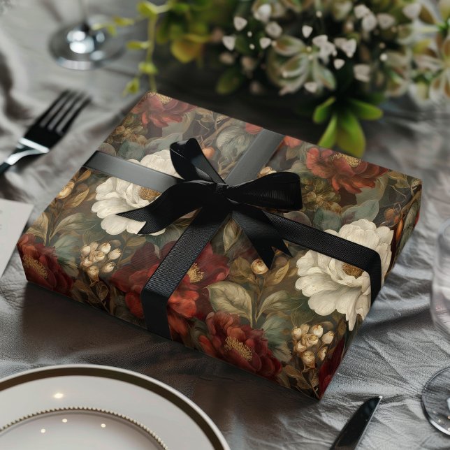 Papel De Presente Elegant Christmas Red and Winter White Floral (Criador carregado)