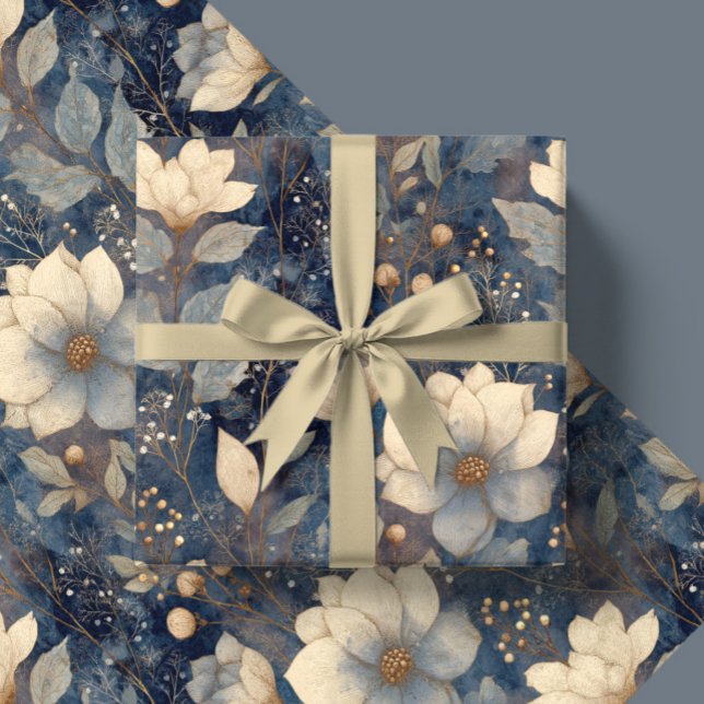 Papel De Presente Elegant Christmas Winter Cream And Navy Floral (Criador carregado)