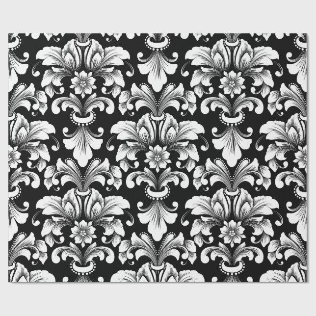 Papel De Presente Elegant Damask black and white wrapping paper roll (Aberto)