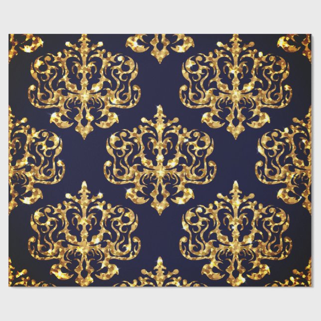 Papel De Presente Elegant Damask Gold & Black Wrapping paper roll (Aberto)