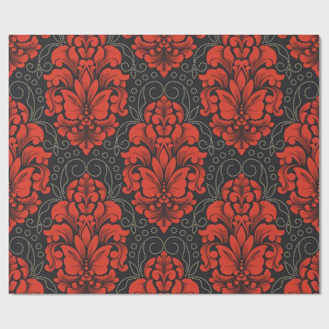 Papel De Presente Elegant Damask Red and black wrapping paper roll (Aberto)