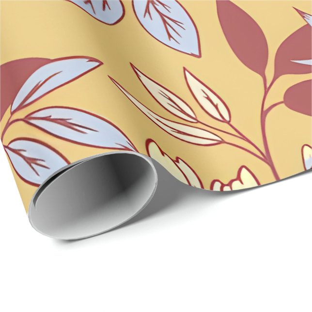 Papel De Presente Elegant Floral Pattern with Red and Blue Leaves (Ponta do rolo)