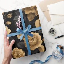 Elegant Gold Accent Rose Black Floral Pattern