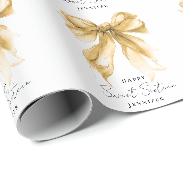 Papel De Presente Elegant Gold Bow Coquette Script Sweet 16 Party  (Ponta do rolo)