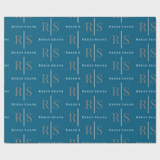 Papel De Presente Elegant Grey Monogram & White Name, Blue