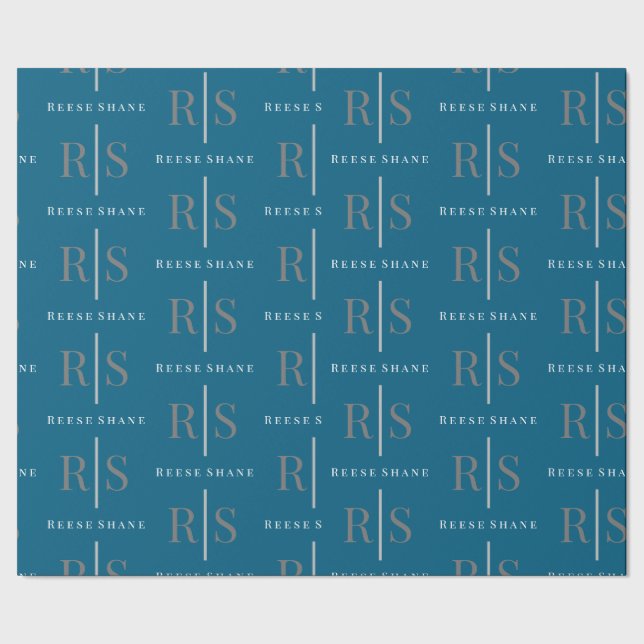 Papel De Presente Elegant Grey Monogram & White Name, Blue (Barra)