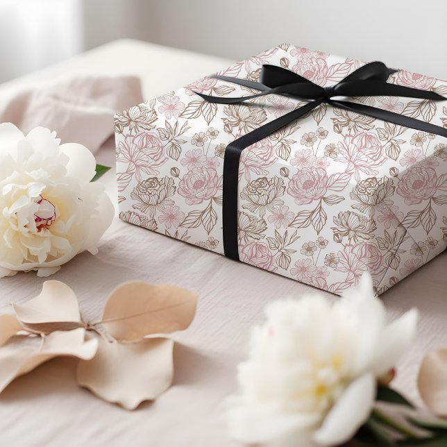 Papel De Presente Elegant Hand-Drawn Peony & Leaf Floral Pattern (Elegant Hand-Drawn Peony & Leaf Floral Pattern Wrapping Paper)