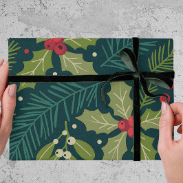 Papel De Presente Elegant Holly Berries Greenery Christmas Gift