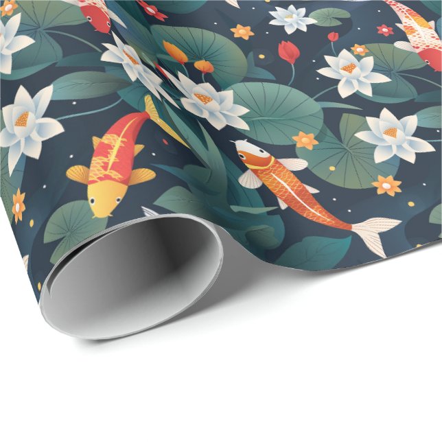 Papel De Presente Elegant Koi and Waterlily Wrapping Paper on Indigo (Ponta do rolo)