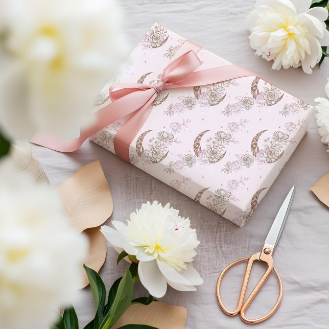 Papel De Presente Elegant Pink Floral Peony Celestial Moon & Stars (Elegant Pink Floral Peony Celestial Moon & Stars Wrapping Paper)