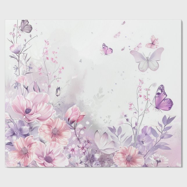 Papel De Presente Elegant Pink Lilac Watercolor Butterfly Whimsical (Aberto)