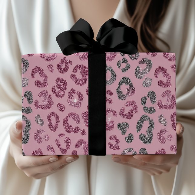 Papel De Presente Elegant Pink Silver Glitter Leopard on Rose Gold (Criador carregado)