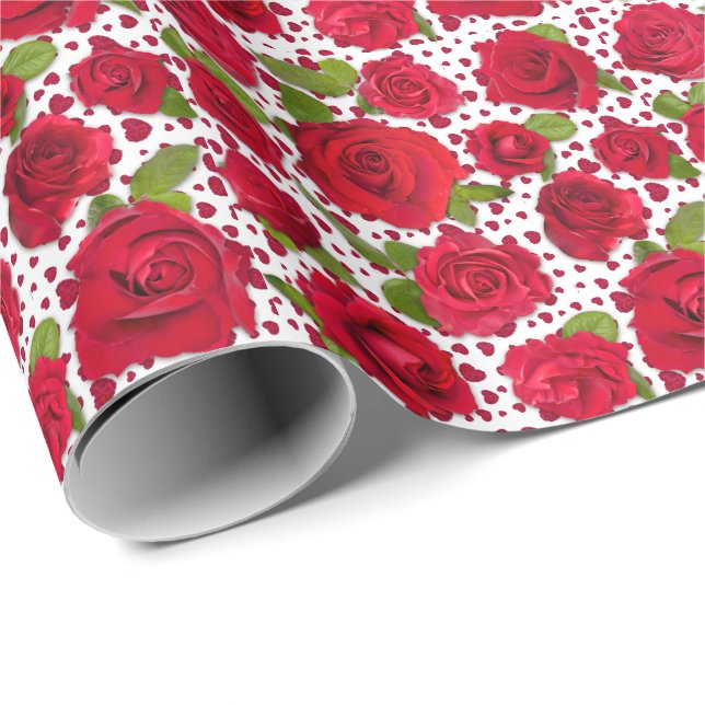 Papel De Presente Elegant Red And Dark Pink Floral Roses Pattern (Ponta do rolo)