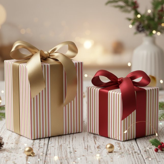 Papel De Presente Elegant Red and Gold Candy Cane Pinstripe Pattern (Elegant Red and Gold Candy Cane Pinstripe Pattern for Chic Christmas Party. Thin Festive Stripes)