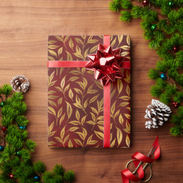 Papel De Presente Elegant Red Gold Leaf Botanical Christmas