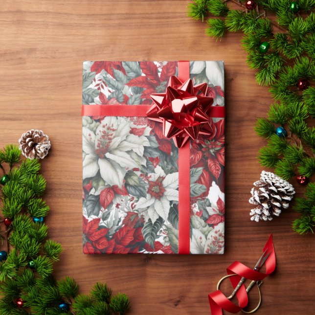 Papel De Presente Elegant Red & White Poinsettia Christmas Floral (Presente de Natal)