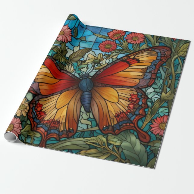Papel De Presente Elegant stain glass butterfly garden (Desenrolado)