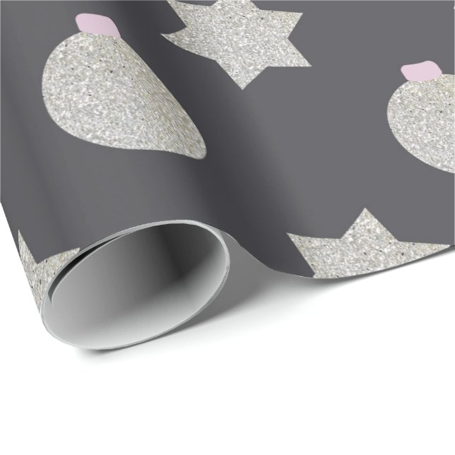 Papel De Presente Elegant Star and Christmas Bauble Silver and Black (Ponta do rolo)