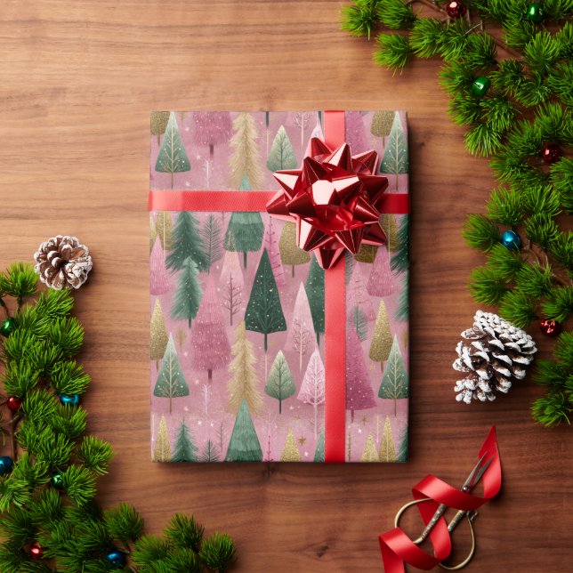 Papel De Presente Elegant Tree Branches on Pink Holiday Art (Presente de Natal)