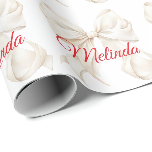 Papel De Presente Elegant White Bow red name  Christmas  (Ponta do rolo)